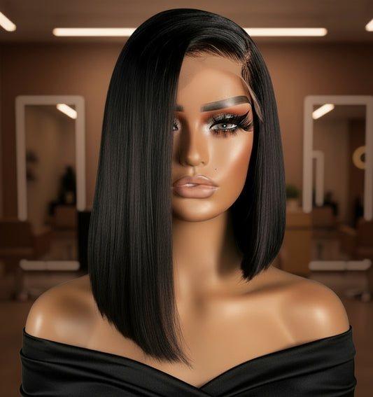 Mannequin head displaying a NuHaire Short Straight Angled Bob Wig features a natural black color, premium human hair quality, HD transparent lace front, silky straight texture, and a natural hairline.