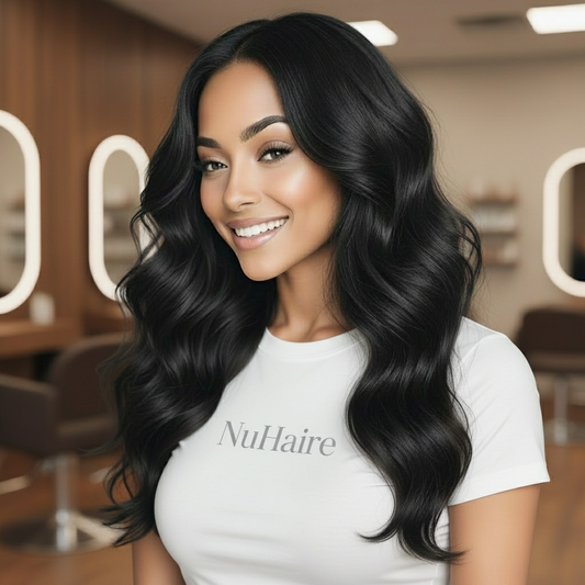 Model displays NuHaire's Brazilian Natural Wave Ultra Thin Invisible HD Lace Closure features a natural black color and premium human hair. Available in Brazilian and Indian textures with various lace sizes, it offers full volume and a flowing natural wave texture.
