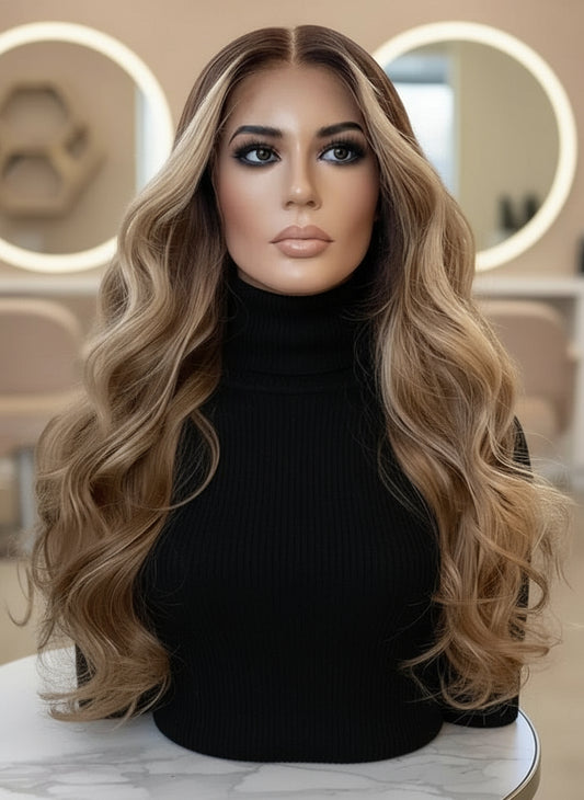 Different view of Mannequin head with NuHaire Golden Blonde Balayage Highlight Wig, showcasing dark blonde waves, flawless golden blonde balayage highlight, premium European Human Hair Quality, 13x4 transparent lace front, and natural hairline.