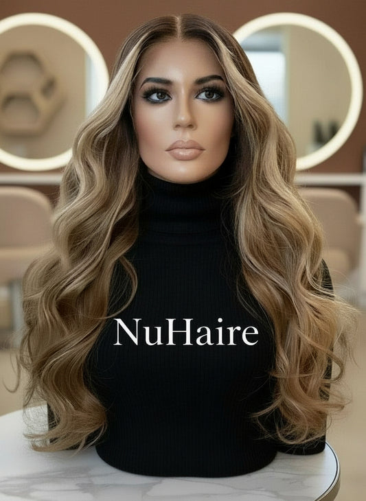 Different view of Mannequin head with NuHaire Golden Blonde Balayage Highlight Wig, showcasing dark blonde waves, flawless golden blonde balayage highlight, premium European Human Hair Quality, 13x4 transparent lace front, and natural hairline.