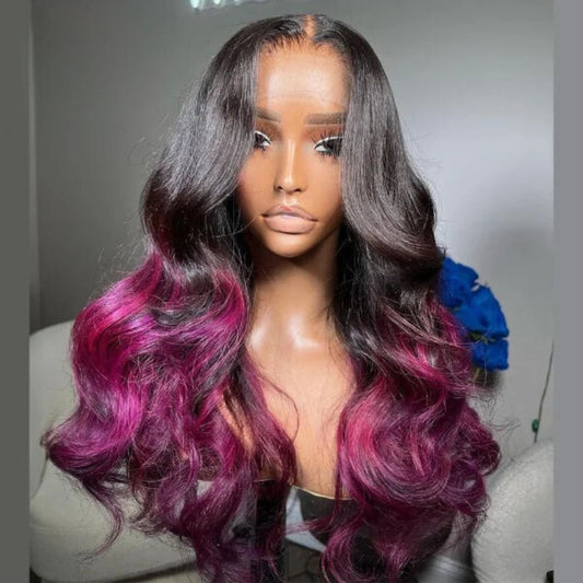 Purple Ombre Body Wave 26" 13x4 Wig on mannequin displaying transparent lace, purple ombre color blend, body wave texture, and natural hairline