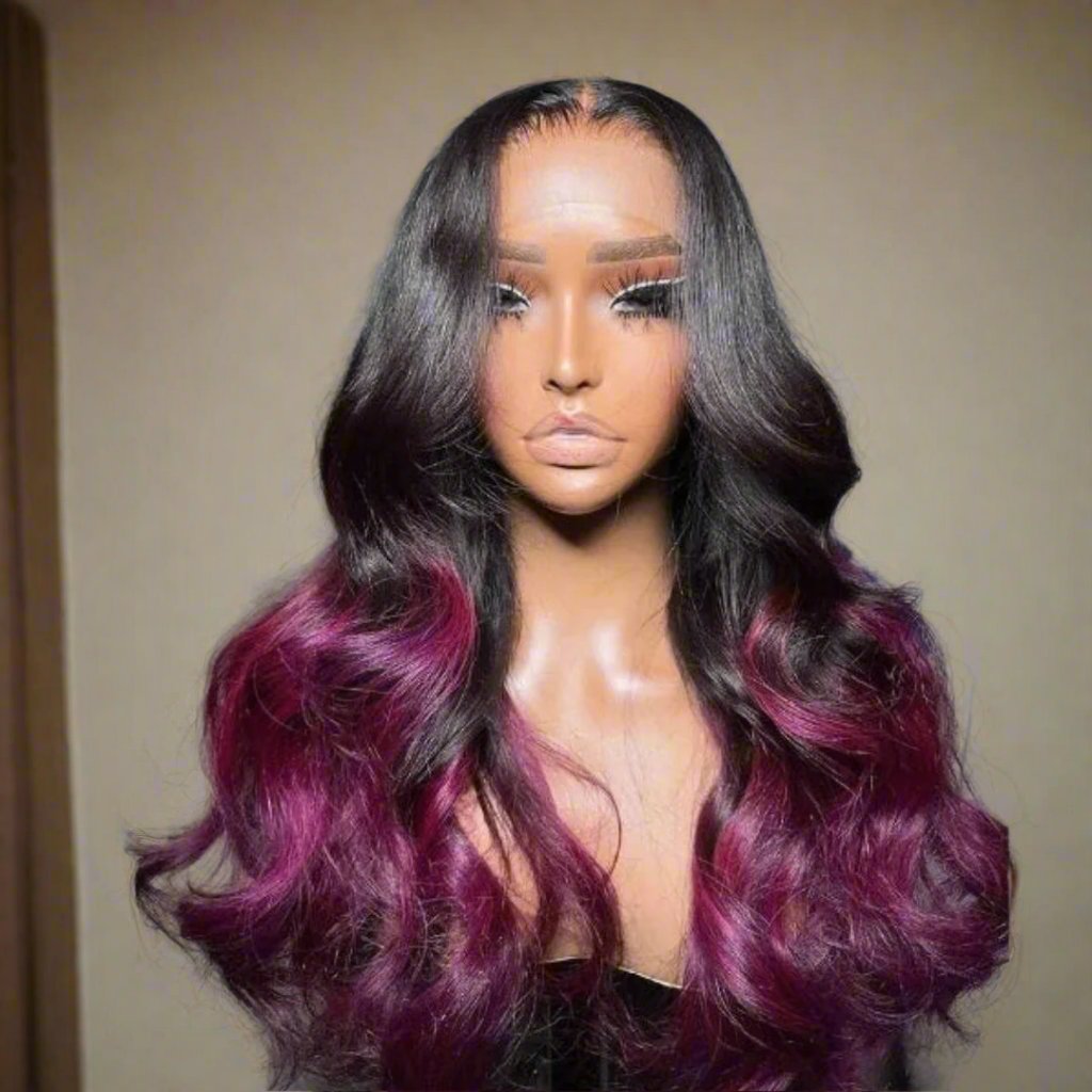 Purple Ombre Body Wave 26" 13x4 Wig on mannequin demonstrating premium quality and dimensional ombre color