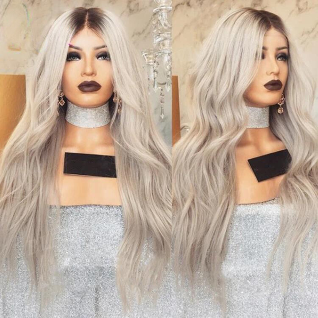 A two-part image displayed on a mannequin head showing a NuHaire 13x6 transparent lace front human hair wig, highlighting the ombre ash blonde color, premium European human hair, and beach wave texture