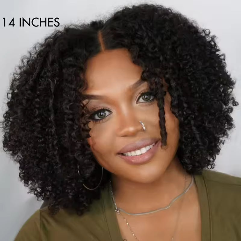 A woman wearing Nuhaire's Pixie Curly Wig made from unprocessed raw human hair showcases a 14-inch pixie curly bob with 250% density and a skin melt HD hairline, dressed in a green top against a neutral background.