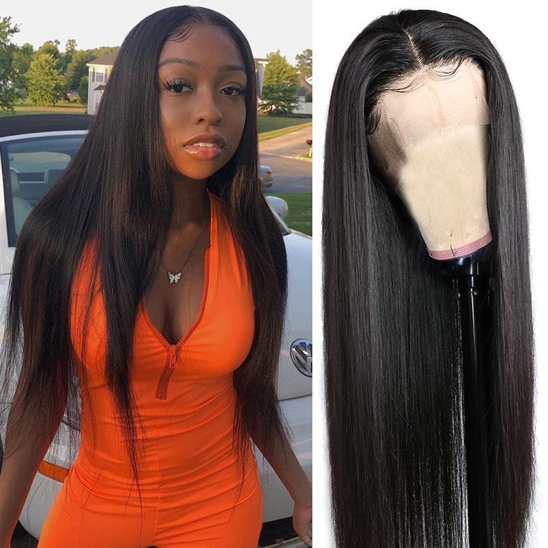 Side by side image of 13x4 HD lace front Peruvian straight human hair wig displayed on a model and mannequin showing full 200% density, rich natural black color, Peruvian Straight texture, premium natural hairline, natural parting space, and realistic scalp