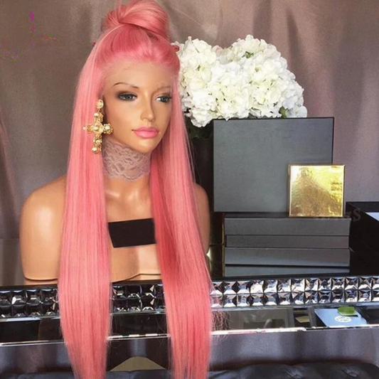NuHaire rose petal pink silky straight 13x4 lace front human hair wig on a mannequin head showcasing a natural hairline, long length, styling versatility, and premium hair quality