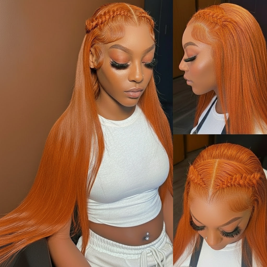 360 full lace ginger straight wig showing model wear and HD lace construction by NuHaire