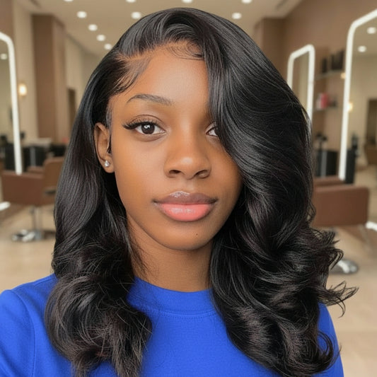 Model wearing the NuHaire Short Body Wave Lace Front Human Hair Bob Wig, featuring a natural black color, premium human hair quality, a transparent lace front, and a natural hairline.