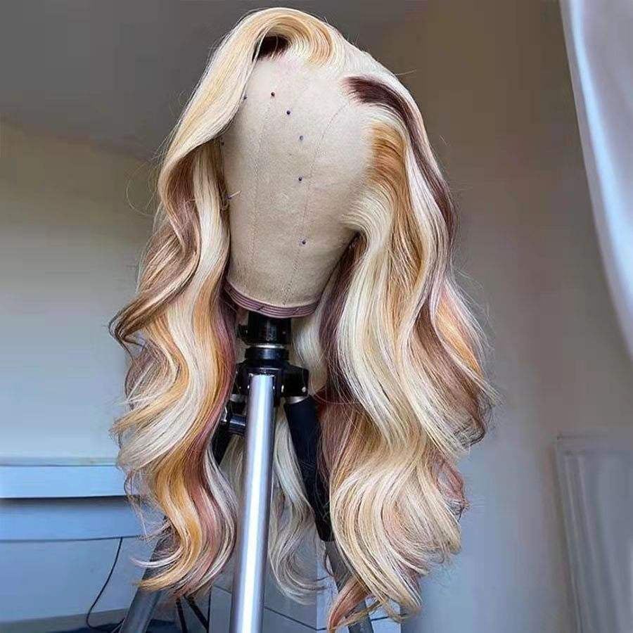 Trio blonde dimensional highlights wig on mannequin showing multi-tonal color depth and 13x4 lace