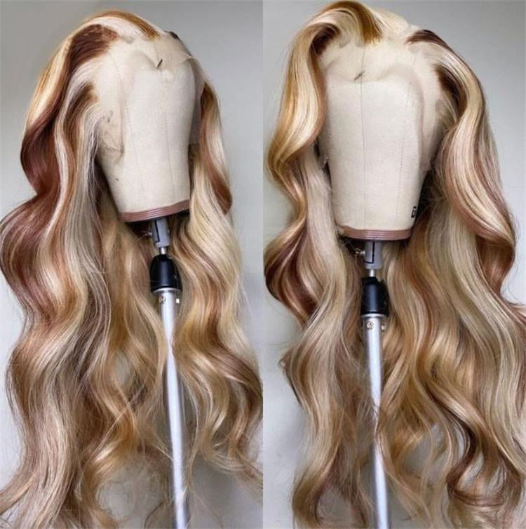 Side by side trio blonde highlight wig display showing dimensional color variation and body wave texture