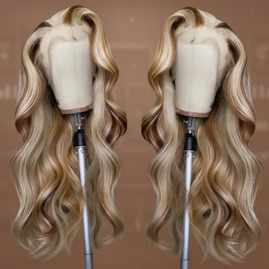 Side by side trio blonde highlight wig display showing dimensional color variation and body wave texture