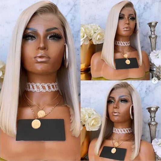 Side by side view of dusky ash blonde ombre 13x4 HD lace frontal wig displayed on mannequin with multiple angles showing straight ash blonde ombre and cool blonde tones