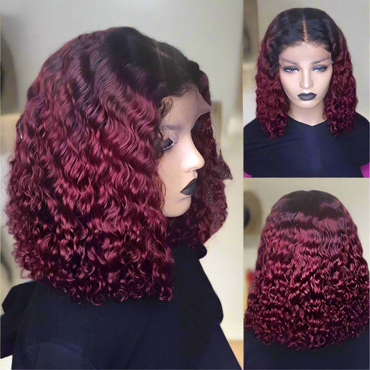 A 1B/99J burgundy ombre curly bob wig on a mannequin head, with close-up images showing the wig's texture, 4X4 HD LACE, and color progression from natural black to burgundy.
