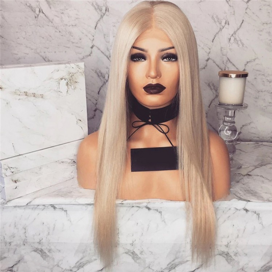 Full length view of premium ash infused blonde 13x4 lace front European human hair wig with silky straight texture styled in straight style on mannequin head showing complete length and cool blonde finish