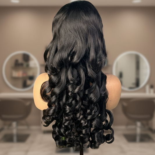 Back view of 13x4 HD lace front Funmi Curl Indian human hair wig displayed on a mannequin head showing full volume, rich natural black color, and funmi curly texture