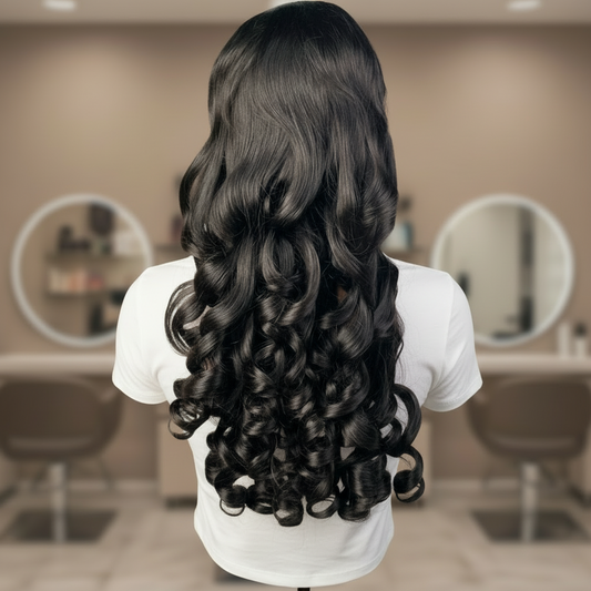 Back view of 13x4 HD lace front Funmi Curl Indian human hair wig displayed on a mannequin head showing full volume, rich natural black color, and funmi curly texture