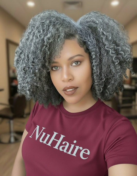 Different angle of Model showcasing NuHaire's Salt & Pepper Kinky Curly Bob | 13x4x1 Transparent Lace Human Hair Wig, featuring a natural black and silver grey hair color, premium human hair, bouncy kinky curly texture, and a 13x4 Transparent Lace Front.