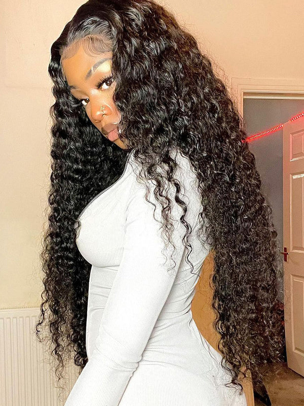 Side view of 6x4 HD Glueless Water Wave human hair wig displayed on a model showing full 200% density, rich natural black color, water wave texture, premium natural HD glueless hairline, and realistic scalp