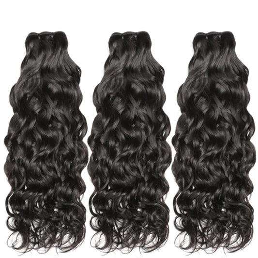 Product Display of NuHaire's Double Drawn Water Wave | 3 Piece Human Hair Bundles. The bundles feature a natural black color, premium human hair quality, full volume from root to tip, and flowing water waves.