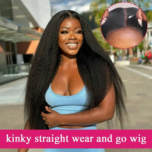A model is wearing NuHaire's 6x4 Kinky Straight Wig, highlighting a natural, seamless HD hairline, beginner-friendly installation, premium human hair quality, and fullness from root to tip. The inset shows a close-up of the glueless HD Hairline.