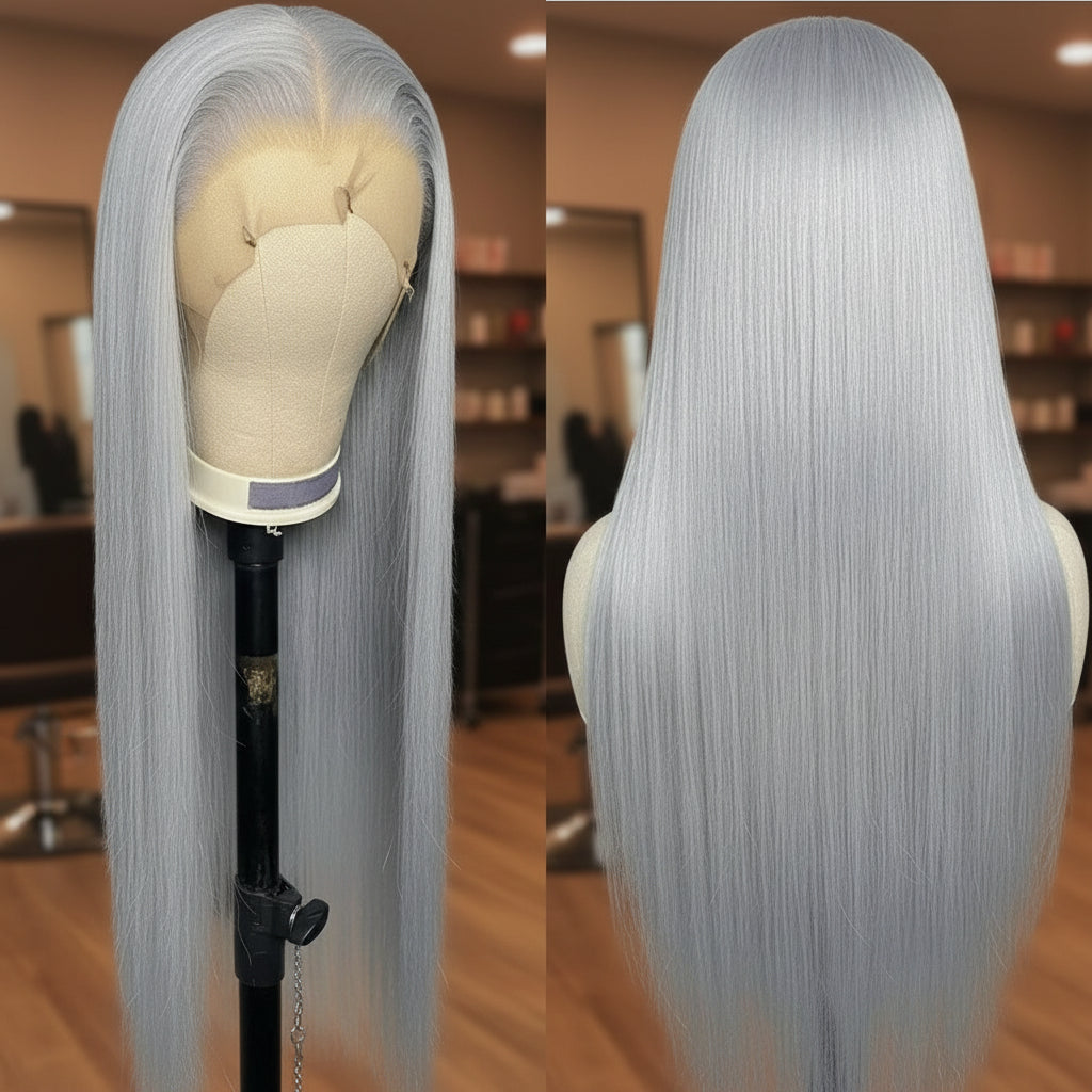 Two views of a Mannequin head displaying NuHaire Straight High Density Silver Grey Lace Front Human Hair Wig, showcasing flawless silver grey coloring, full 250% density volume, premium Human Hair Quality, transparent lace front, and natural hairline.