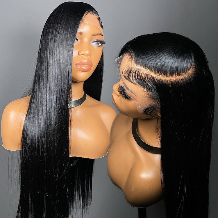Side by side image of 13x4 Transparent lace front silken straight human hair wig displayed on a mannequin showing full volume, rich natural black color, Straight texture, premium natural hairline, parting space, and realistic scalp