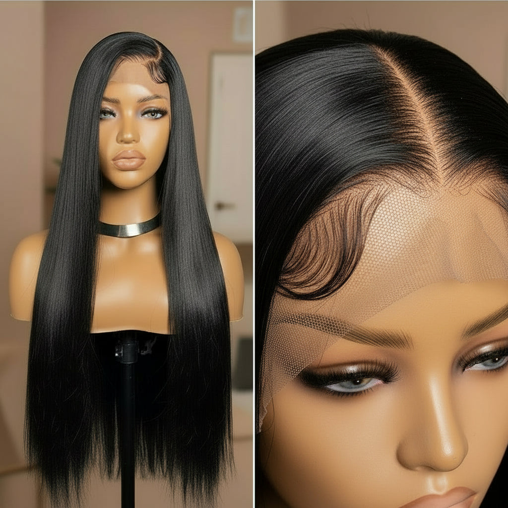 Side by side image of 13x4 Transparent lace front silken straight human hair wig displayed on a mannequin showing full volume, rich natural black color, Straight texture, premium natural hairline, parting space, and realistic scalp