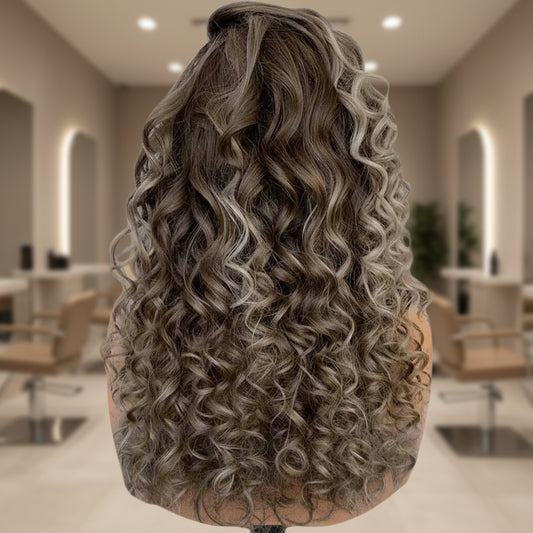 Back view of icy blonde highlight curly European wig displaying full hair density and natural curl pattern