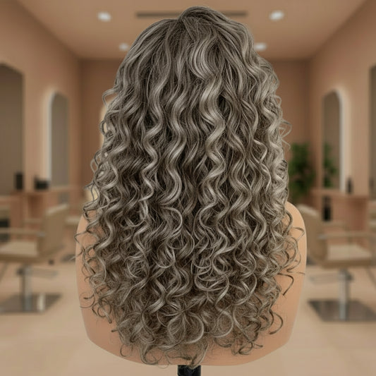 Back view of icy blonde highlight curly European wig displaying full hair density and natural curl pattern