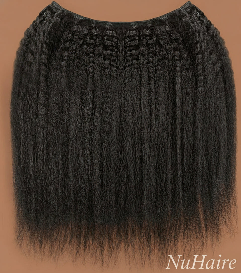 Product Display 2 - NuHaire's Kinky Straight | 1 Piece Human Hair Bundle features a natural black color and premium human hair quality. It is available in Brazilian and Indian hair textures, providing full volume from root to tip with natural kinky straight texture.