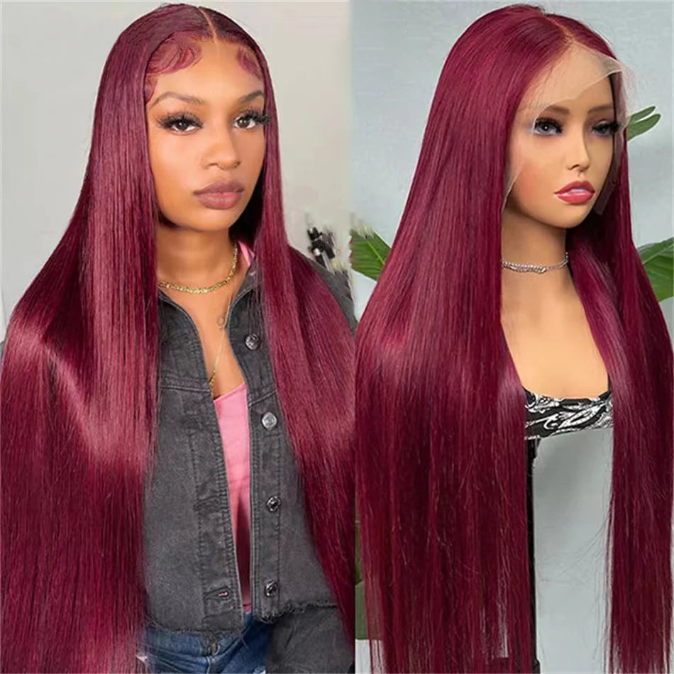 Straight burgundy wig comparison showing model wearing and mannequin display with 13x4 lace