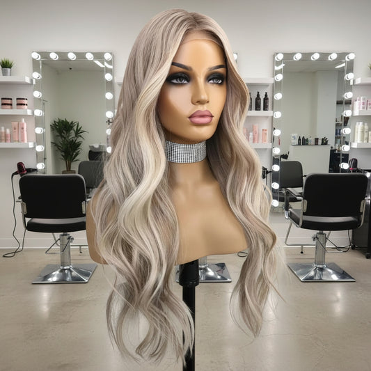 NuHaire's Ash Blonde Highlight Body Wave Lace Front Human Hair Wigs is displayed on mannequin head, showcasing ash blonde highlights, high-quality European human hair, full volume, and a 13x4 transparent lace front for a natural hairline.