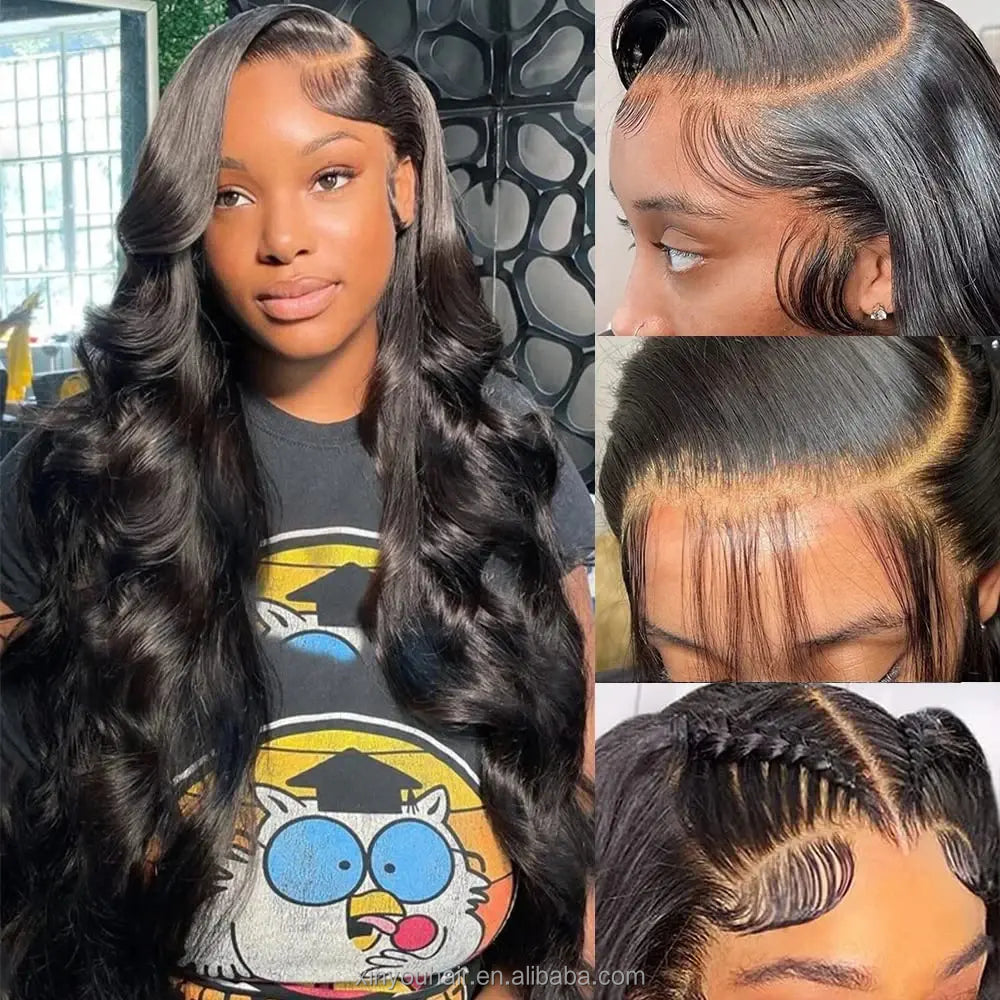 Two-part image of a 13x4 HD transparent lace front Brazilian human hair wig displayed on a model, showcasing a natural 180% density, rich black color, and body wave texture, along with close-up images of the natural hairline, realistic scalp, and styling versatility.