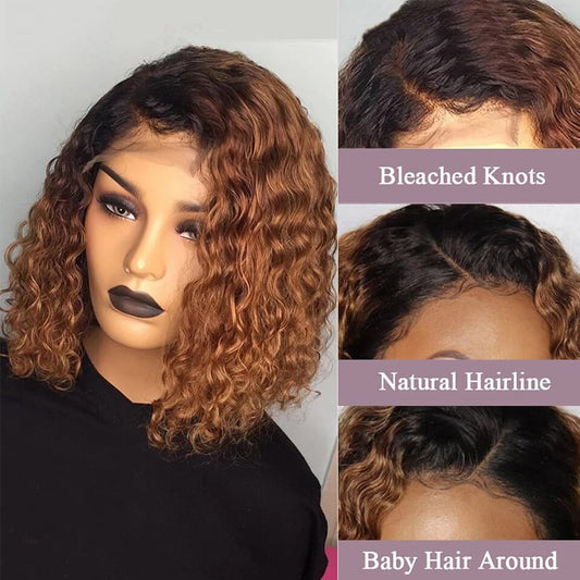 1B/30 OMBRE CURLY Wig with detailed views of bleached knots, natural hairline, and baby hair around.