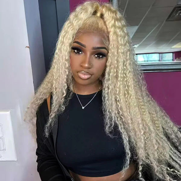 Model wearing 613 Blonde human hair wig showcasing deep wave texture, natural hairline, realistic scalp parting, styling versatily, and baby hair.