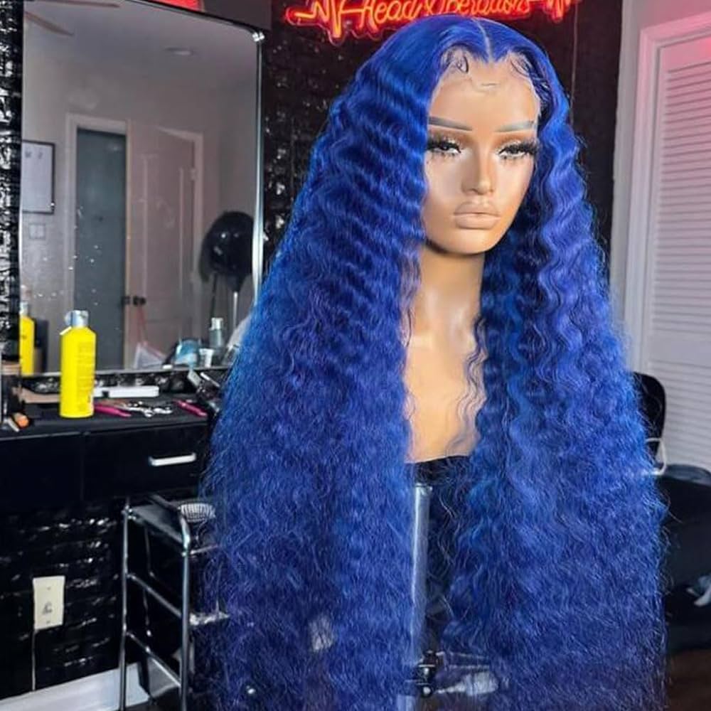 Ocean blue deep wave wig displayed on mannequin in professional hair salon setting showcasing premium quality in NuHaire Hair Salon