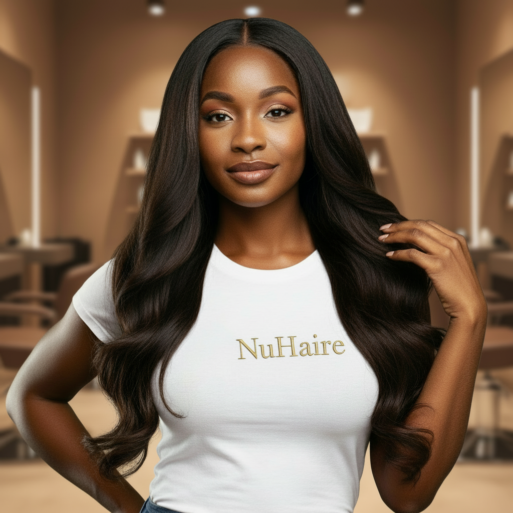 Model 3 highlights NuHaire's Body Wave 1-piece Human Hair Bundle, which features a natural black color and premium human hair quality. This bundle is available in both Brazilian and Indian hair textures, offering full volume from root to tip with a bouncy body wave texture