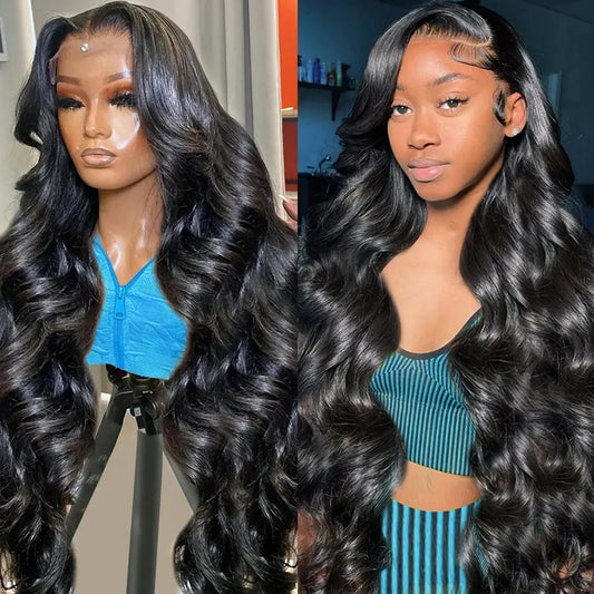 Two-part image of Long 28" 13x4 Transparent lace front human hair wig freshly installed on model and mannequin head showing premium natural hairline, styling versatility, length, and realistic scalp