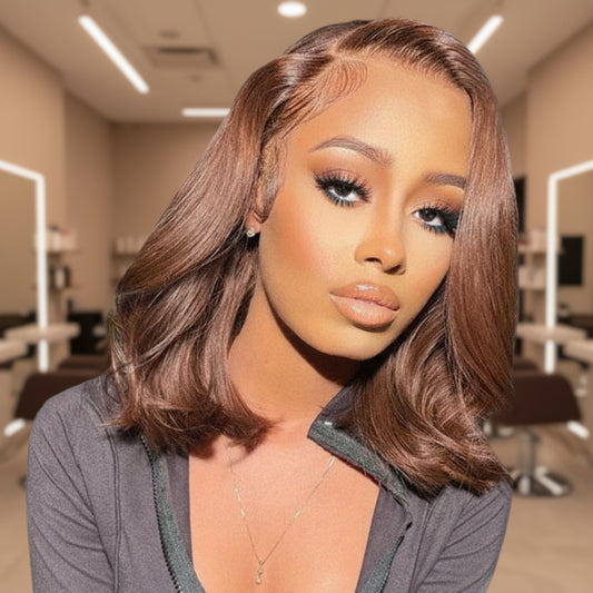 DIFFERENT Model wearing NuHaire Chocolate Brown Body Wave Lace Front Bob Wig, showcasing flowing body waves, flawless chocolate brown hair color, premium Human Hair Quality, 13x4 transparent lace front, and natural hairline.