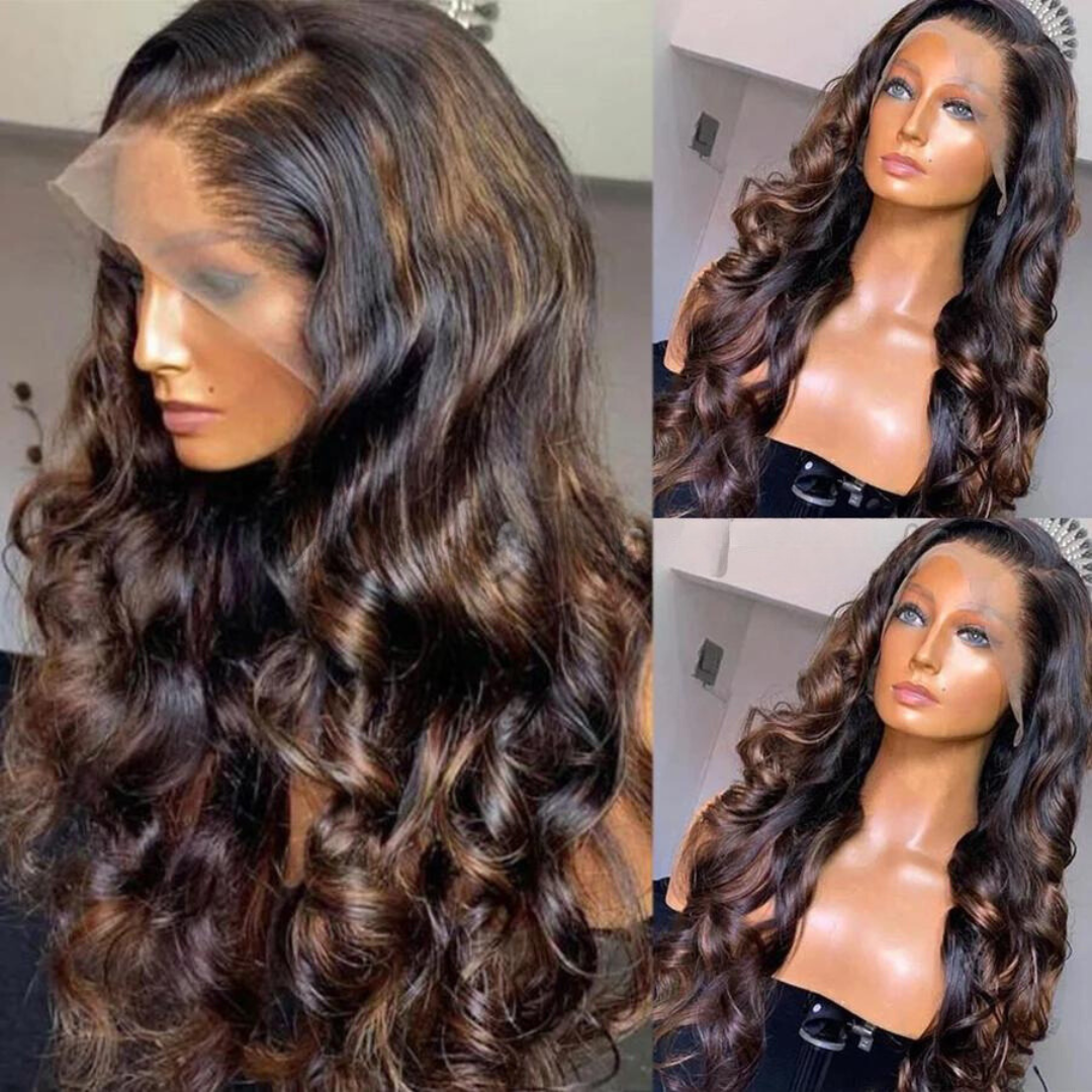 Blonde Highlight Chestnut Brown Body Wave Lace Front Human Hair Wig