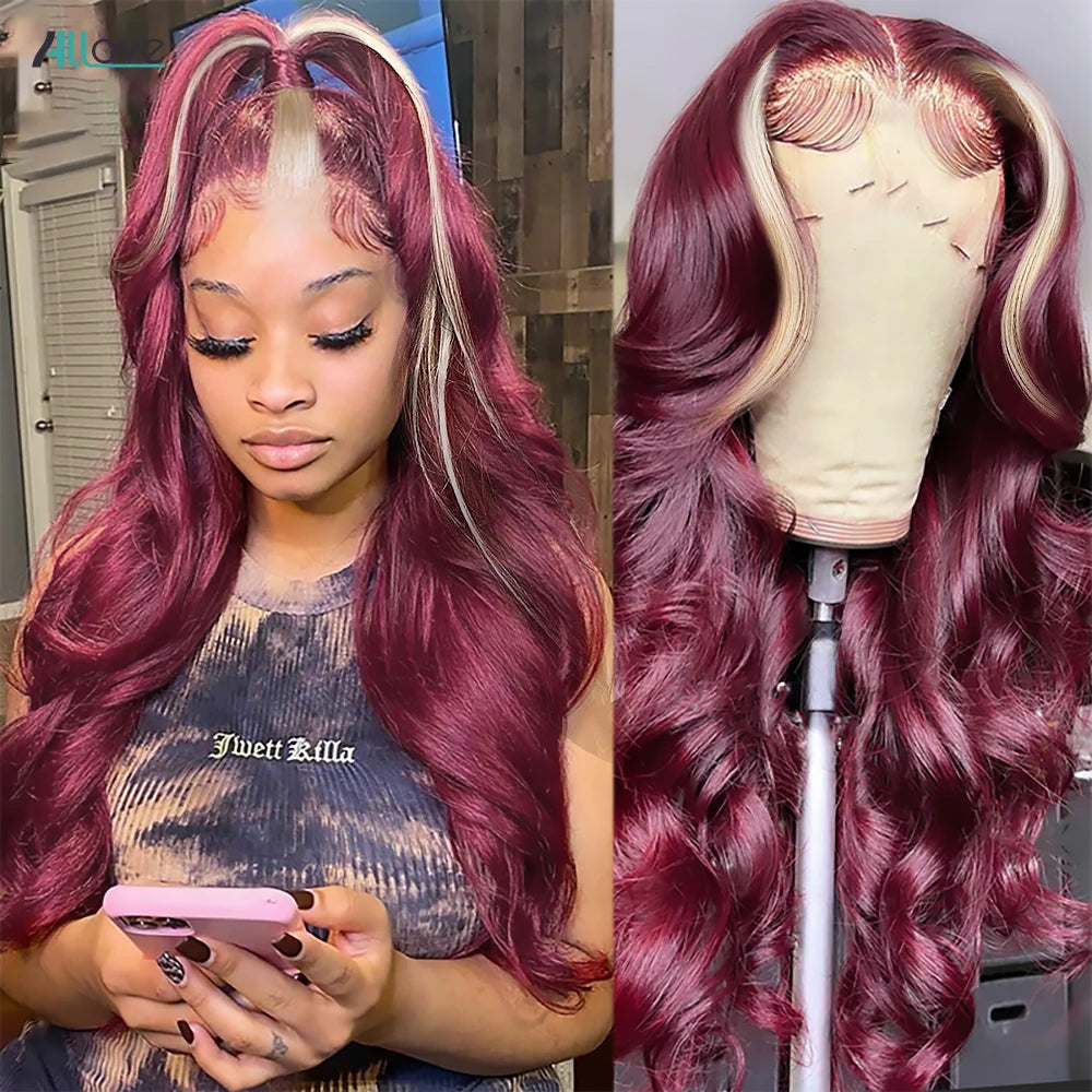 Two-part image - 13x4 Transparent lace front highlight human hair body wave wig displayed on mannequin head and model showing chunky blonde highlight, rich 99J burgundy color, body wave texture, premium natural hairline, styling versatility, and realistic scalp