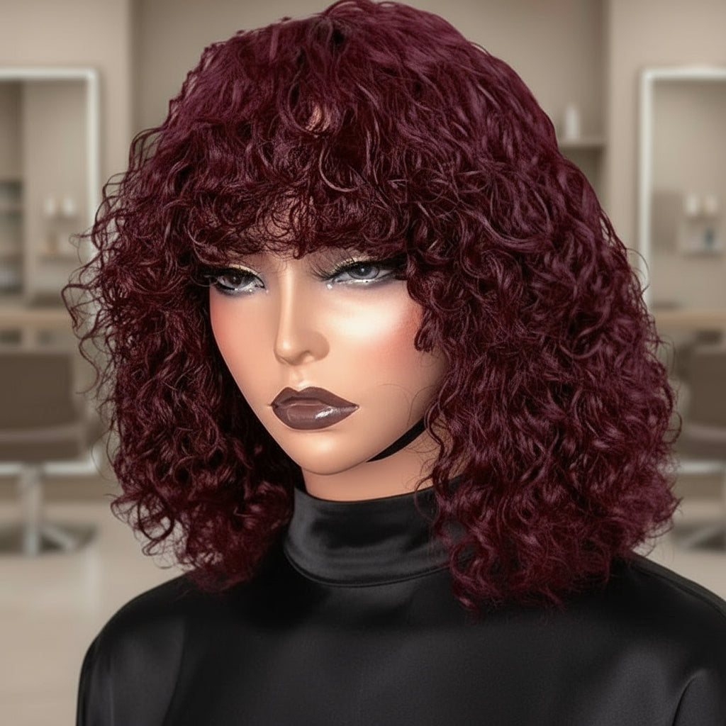 Mannequin head with NuHaire's 99J Burgundy Curly Wave Bob Wig With Bangs, showcasing burgundy curly waves, premium Human Hair Quality, and glueless installation