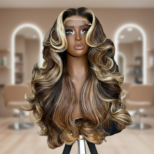 Front view of 13x4 Transparent lace front human hair wig displayed on a mannequin head showing full 250% density volume, rich bronde highlight, natural hairline, long cascading waves, European human hair, and body wave texture