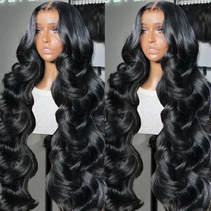 Two-part image of a 13x4 HD transparent lace front Brazilian human hair wig displayed on a mannequin head, showcasing a natural 180% density, rich black color, Brazilian body wave texture, natural hairline, realistic scalp, and styling versatility.