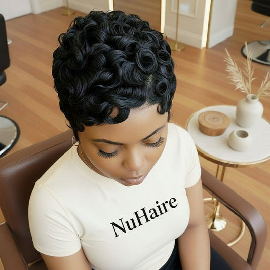 Model showcases NuHaire's Pixie Cut Finger Waves wig, featuring a natural black color, flowing finger wave texture, glueless installation, and premium human hair.