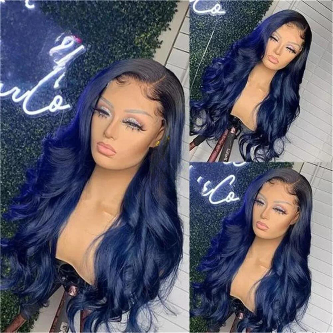 Collage of images showcasing NuHaire midnight blue long-length body wave wig on a mannequin, featuring a 13x4 lace front, side part, and pre-plucked hairline.