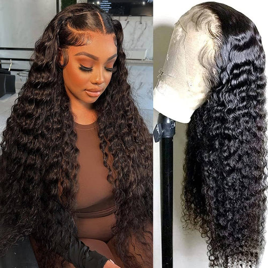 Side by side image - Deep wave 13x4/13x6 transparent lace front human hair wig displayed on model head on left side, and mannequin head showing deep wave texture, long length, and full natural volume texture on the right side