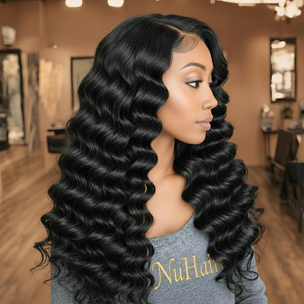 Model 4 highlights NuHaire's Full & Thick deep wave 1-piece Human Hair Bundle, which features a natural black color and premium human hair quality. This bundle is available in both Brazilian and Indian hair textures, offering full volume from root to tip with a flowing deep wave texture