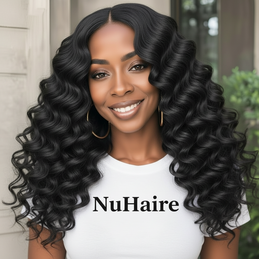 Model showcases NuHaire's Deep Wave 1 pc Human Hair Bundle features a natural black color and premium human hair quality. It is available in Brazilian and Indian hair textures, providing full volume from root to tip with flowing deep wave texture.