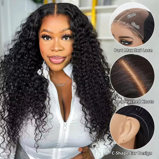 Deep wave wig comparison - model wearing wig and close-up of natural M-Cap HD lace hairline